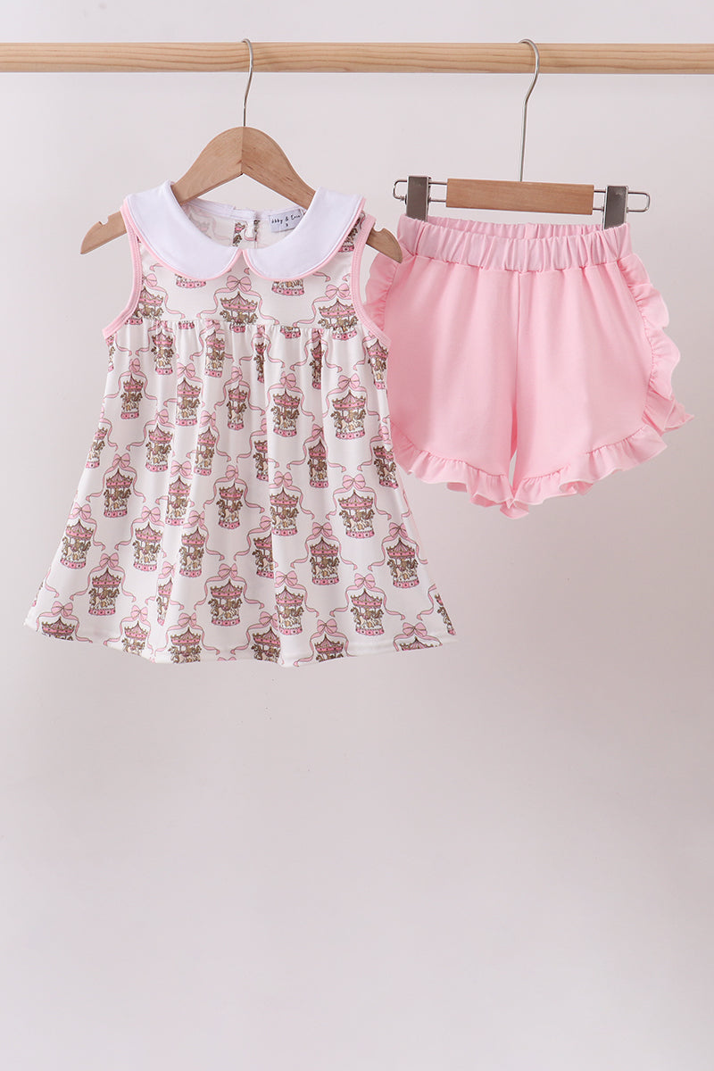 Pink carousel print ruffle shorts set - Aaria Tees Aaria Tees