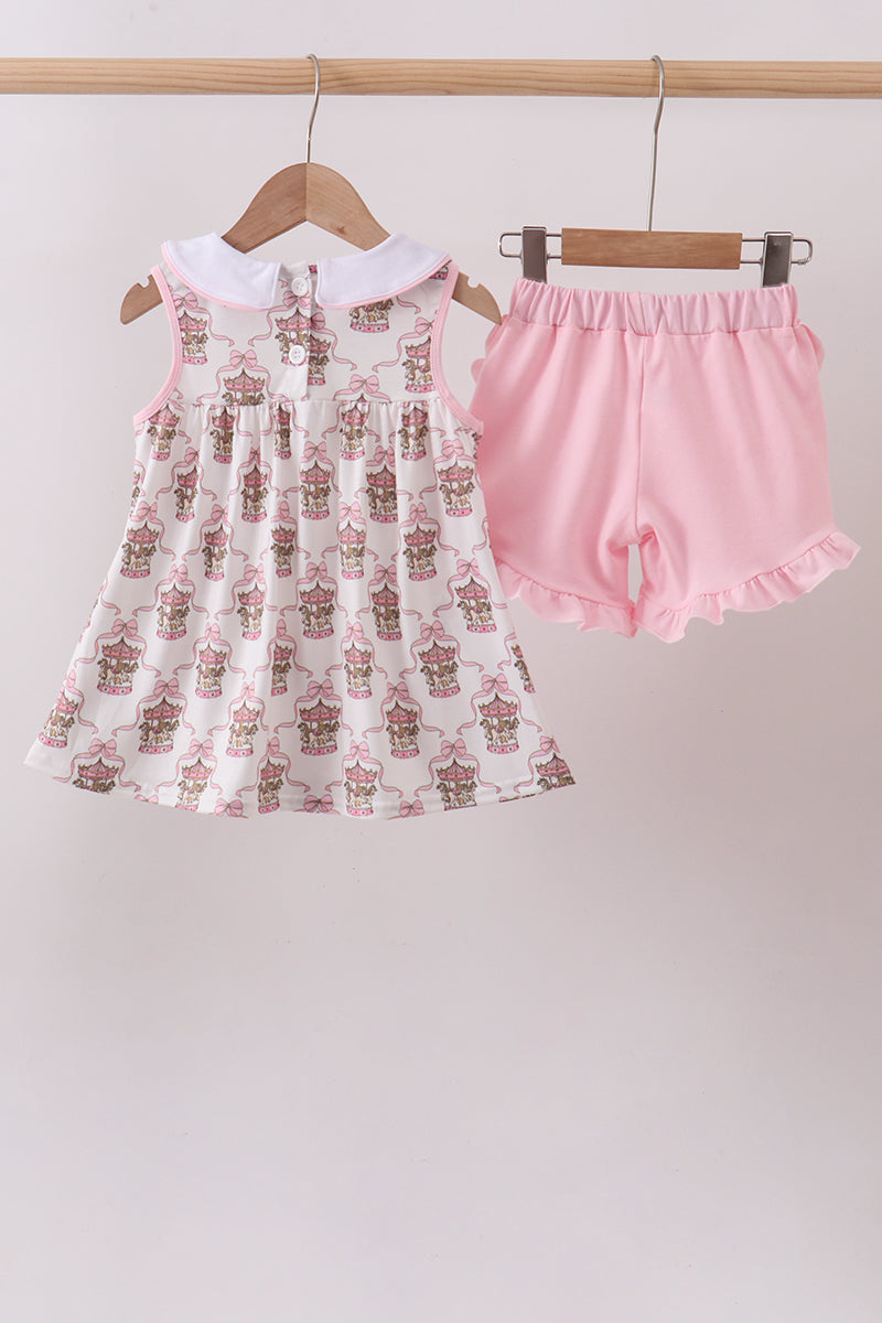 Pink carousel print ruffle shorts set - Aaria Tees Aaria Tees