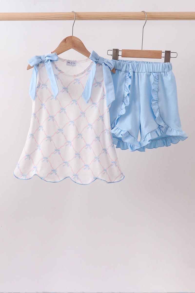 Blue bow ribbon print ruffle shorts set - Aaria Tees