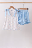 Blue bow ribbon print ruffle shorts set - Aaria Tees Aaria Tees