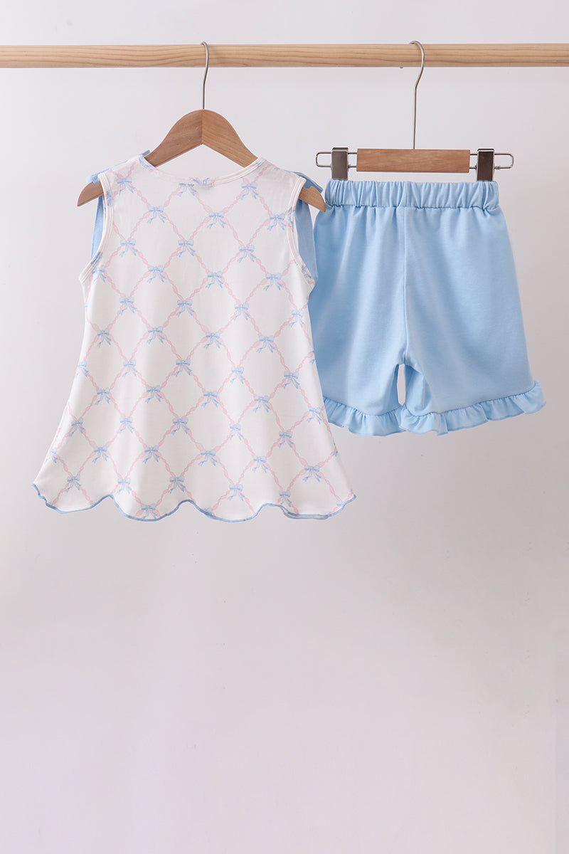 Blue bow ribbon print ruffle shorts set - Aaria Tees Aaria Tees