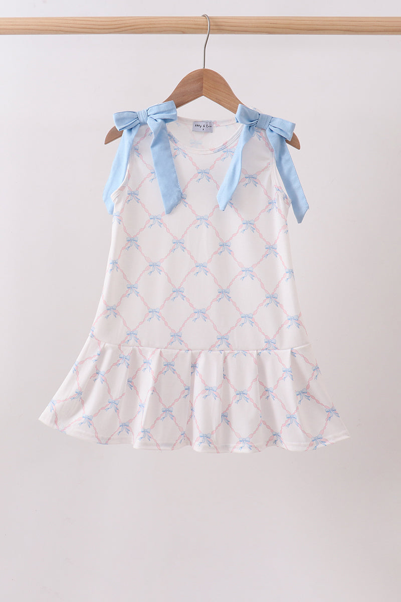 Blue bow ribbon print dress - Aaria Tees