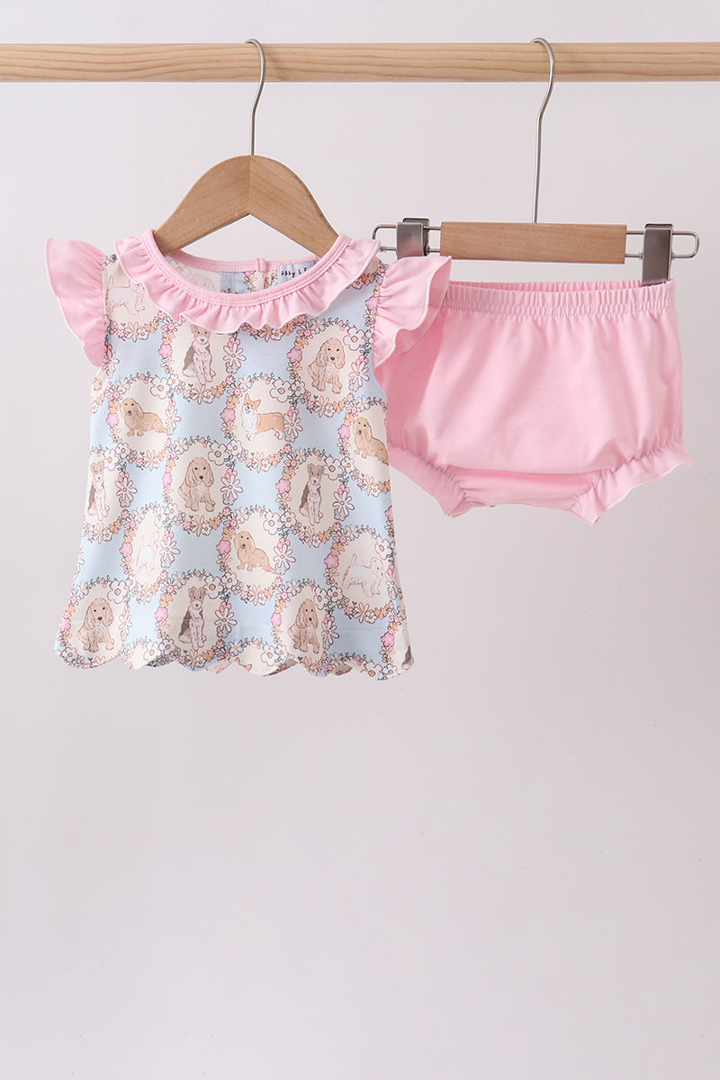 Pink puppy floral ruffle bloomer set - Aaria Tees Aaria Tees