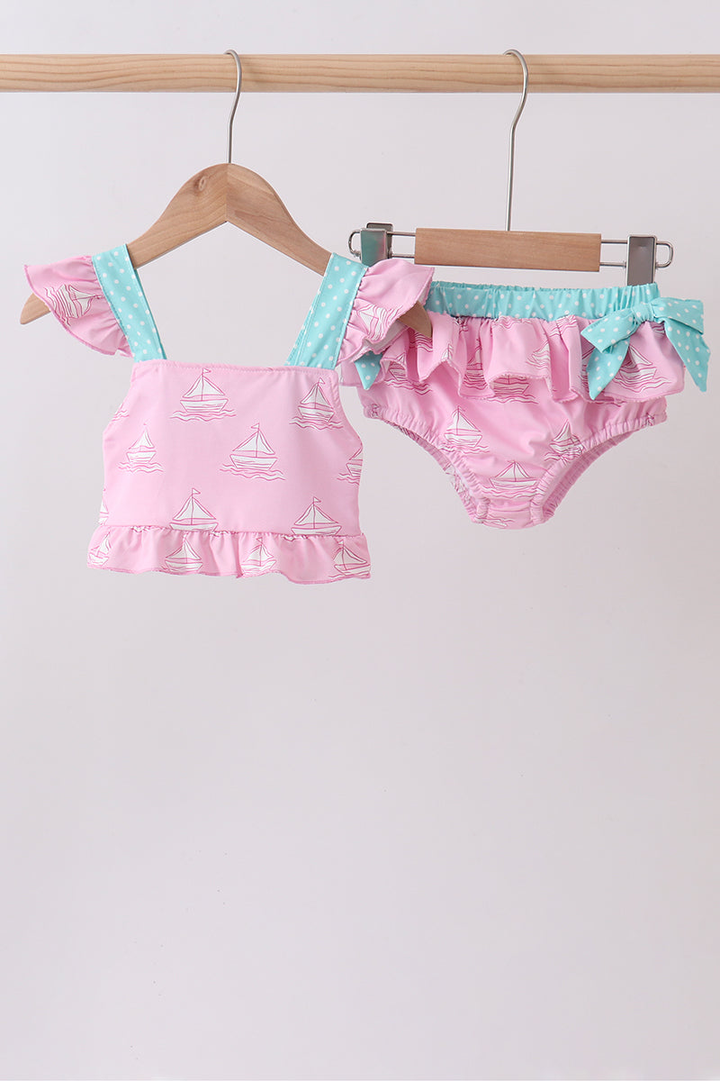 Pink sailboat print ruffle 2pc swimsuit - Aaria Tees