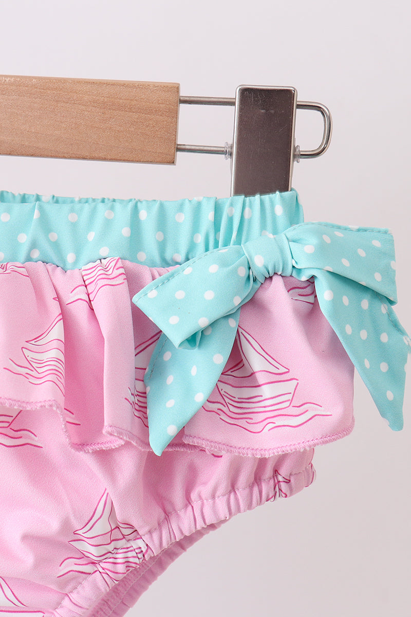 Pink sailboat print ruffle 2pc swimsuit - Aaria Tees Aaria Tees