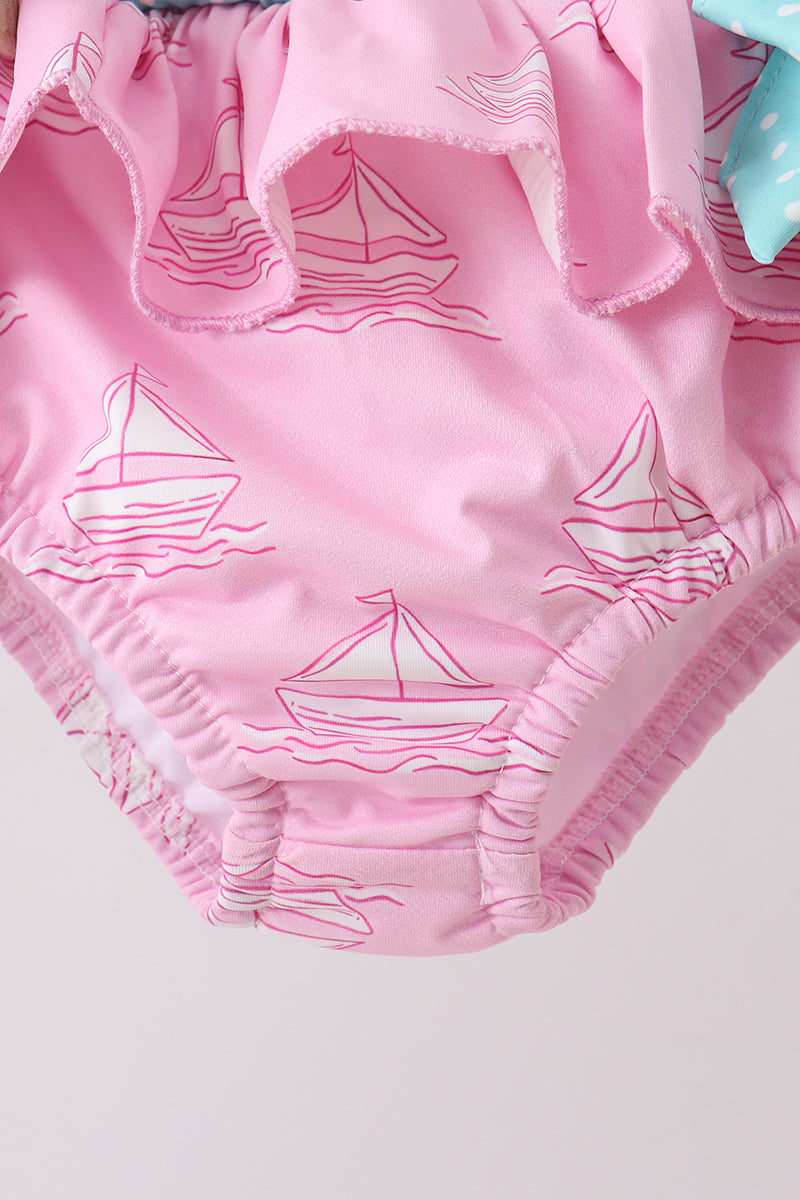 Pink sailboat print ruffle 2pc swimsuit - Aaria Tees Aaria Tees