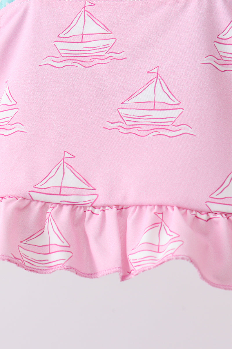 Pink sailboat print ruffle 2pc swimsuit - Aaria Tees Aaria Tees