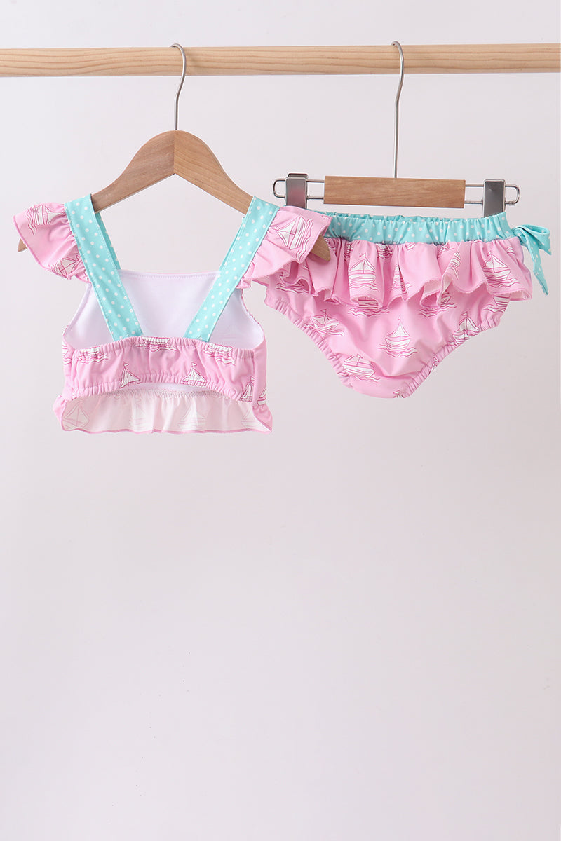 Pink sailboat print ruffle 2pc swimsuit - Aaria Tees Aaria Tees