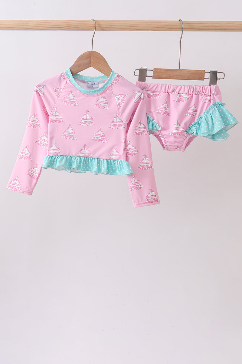 Pink sailboat print ruffle rashguard set - Aaria Tees Aaria Tees