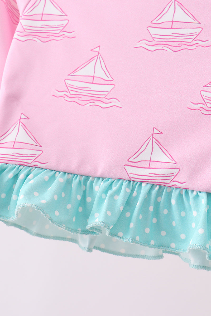 Pink sailboat print ruffle rashguard set - Aaria Tees Aaria Tees