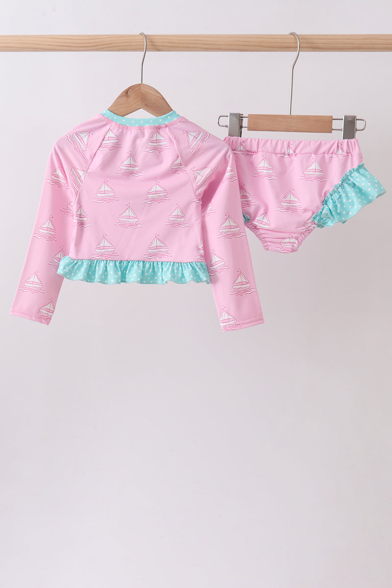Pink sailboat print ruffle rashguard set - Aaria Tees Aaria Tees