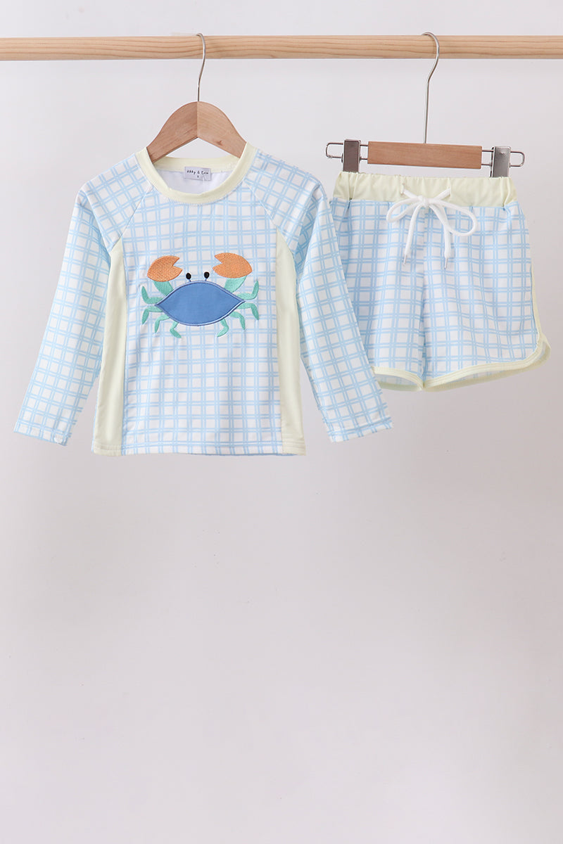Blue crab applique plaid 2pc rashguard set - Aaria Tees Aaria Tees