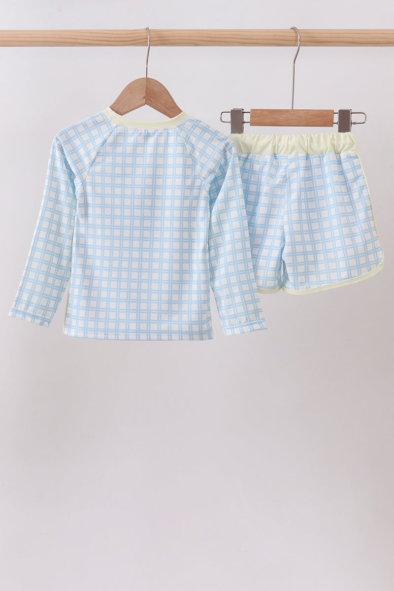 Blue crab applique plaid 2pc rashguard set - Aaria Tees Aaria Tees