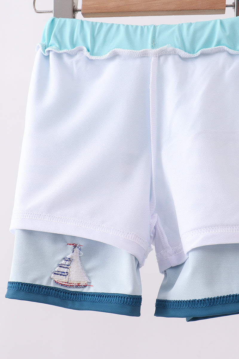 Blue stripe sailboat embroidery swim trunks - Aaria Tees Aaria Tees