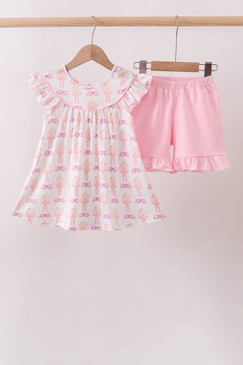 Pink bow castle ruffle shorts set - Aaria Tees