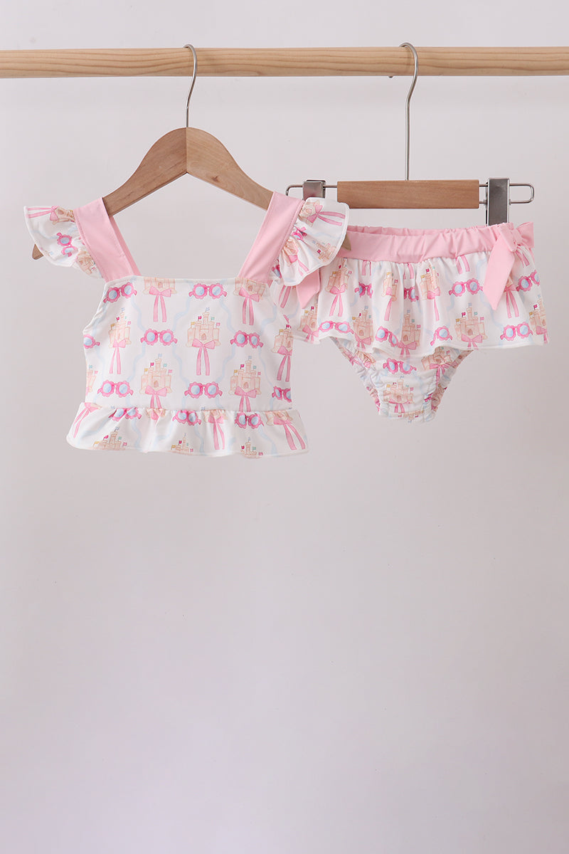 Pink bow castle ruffle 2pc swimsuit - Aaria Tees