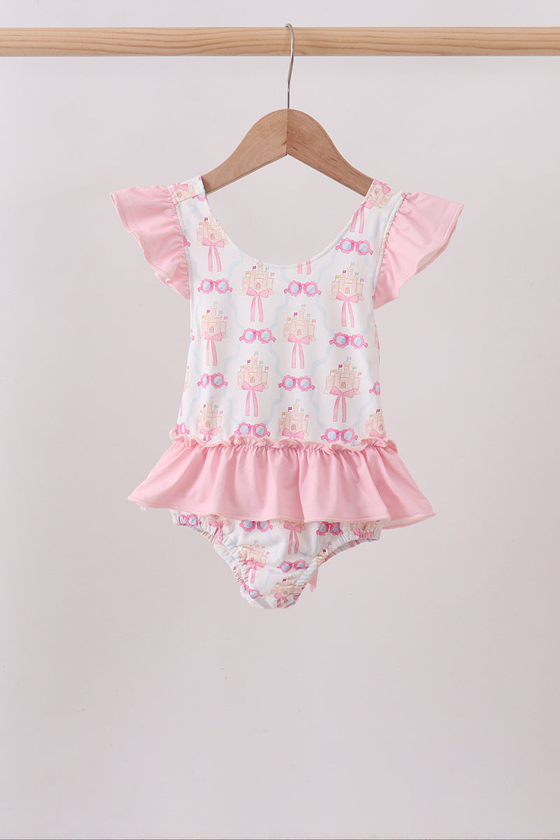 Pink bow castle ruffle one-piece swimsuit - Aaria Tees Aaria Tees