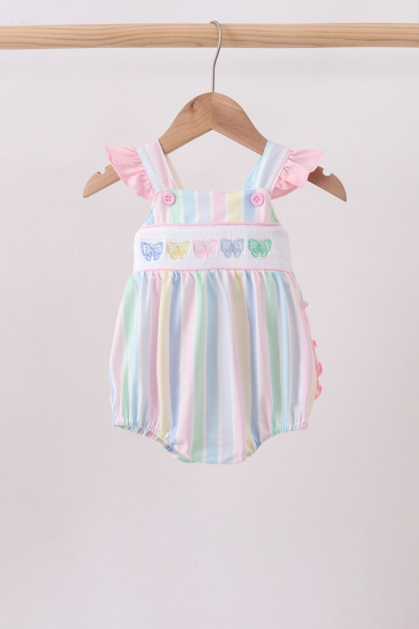 Rainbow stripe butterfly smocked ruffle bubble - Aaria Tees