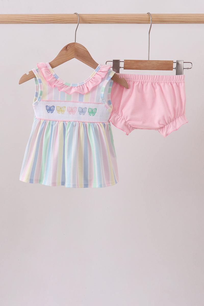 Rainbow stripe butterfly smocked ruffle bloomer set - Aaria Tees Aaria Tees