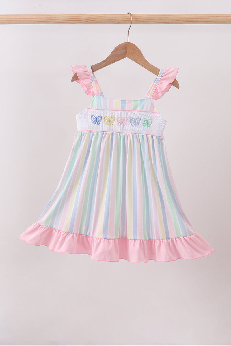 Rainbow stripe butterfly smocked ruffle dress - Aaria Tees Aaria Tees