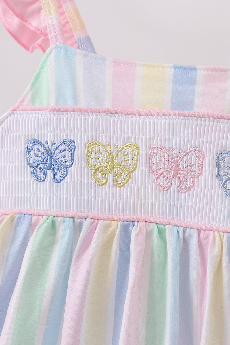 Rainbow stripe butterfly smocked ruffle dress - Aaria Tees Aaria Tees
