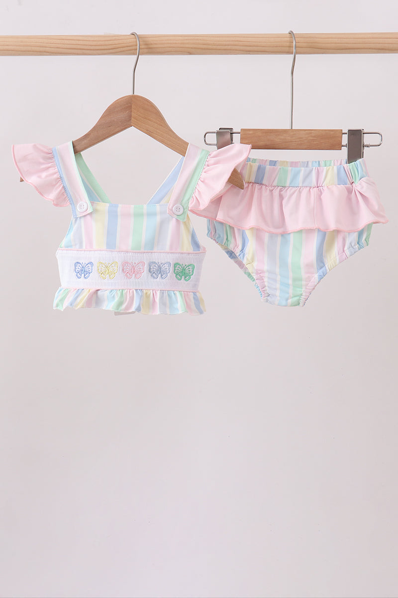 Rainbow stripe butterfly smocked ruffle 2pc swimsuit - Aaria Tees Aaria Tees