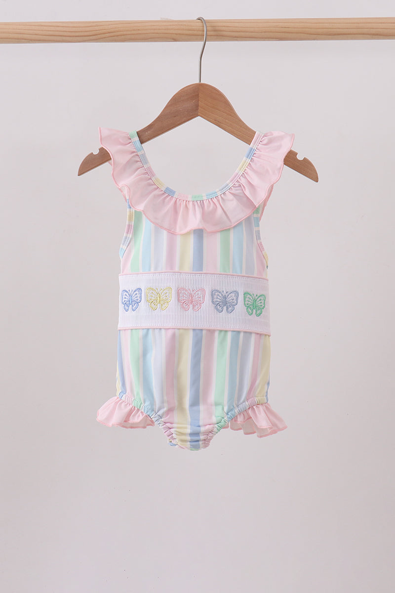 Rainbow stripe butterfly smocked ruffle one-piece swimsuit - Aaria Tees Aaria Tees