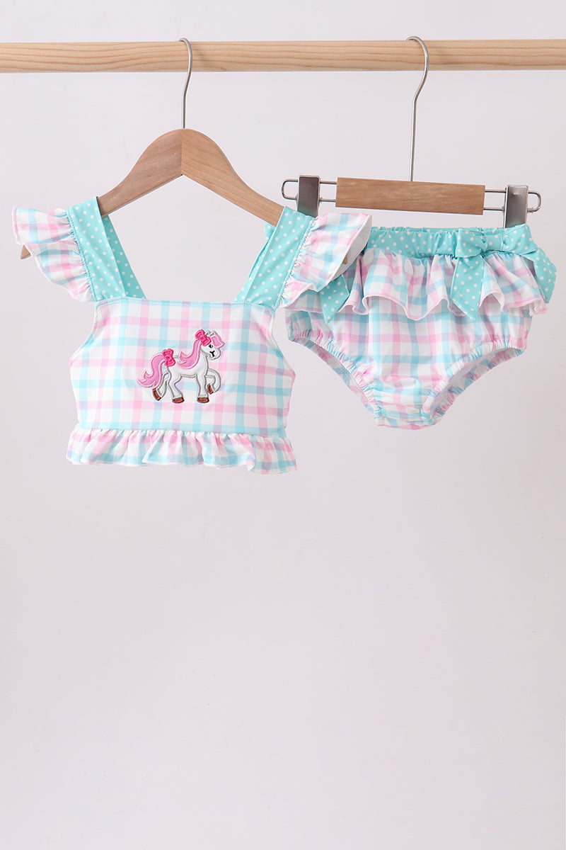 Green plaid horse applique 2pc swimsuit - Aaria Tees Aaria Tees
