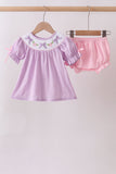 Lavender Smocked Embroidered Bow Jacquard Bloomer Set Aaria Tees