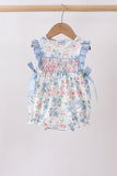 Blue Floral Smocked Ruffle Bubble Aaria Tees