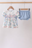 Blue Floral Smocked Ruffle Bloomer Set Aaria Tees