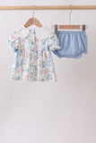Blue Floral Smocked Ruffle Bloomer Set Aaria Tees