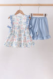 Blue Floral Smocked Ruffle Set Aaria Tees
