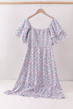 Blue Floral Smocked Women Dress Aaria Tees