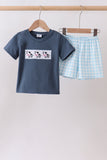 Blue Cow Plaid Embroidered Set Aaria Tees