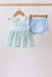 Green Stripe Smocked Bow Seersucker Bloomer Set Aaria Tees