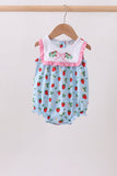 Blue Strawberry Embroidered Ruffle Bow Bubble Aaria Tees