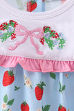 Blue Strawberry Embroidered Ruffle Bow Bubble Aaria Tees