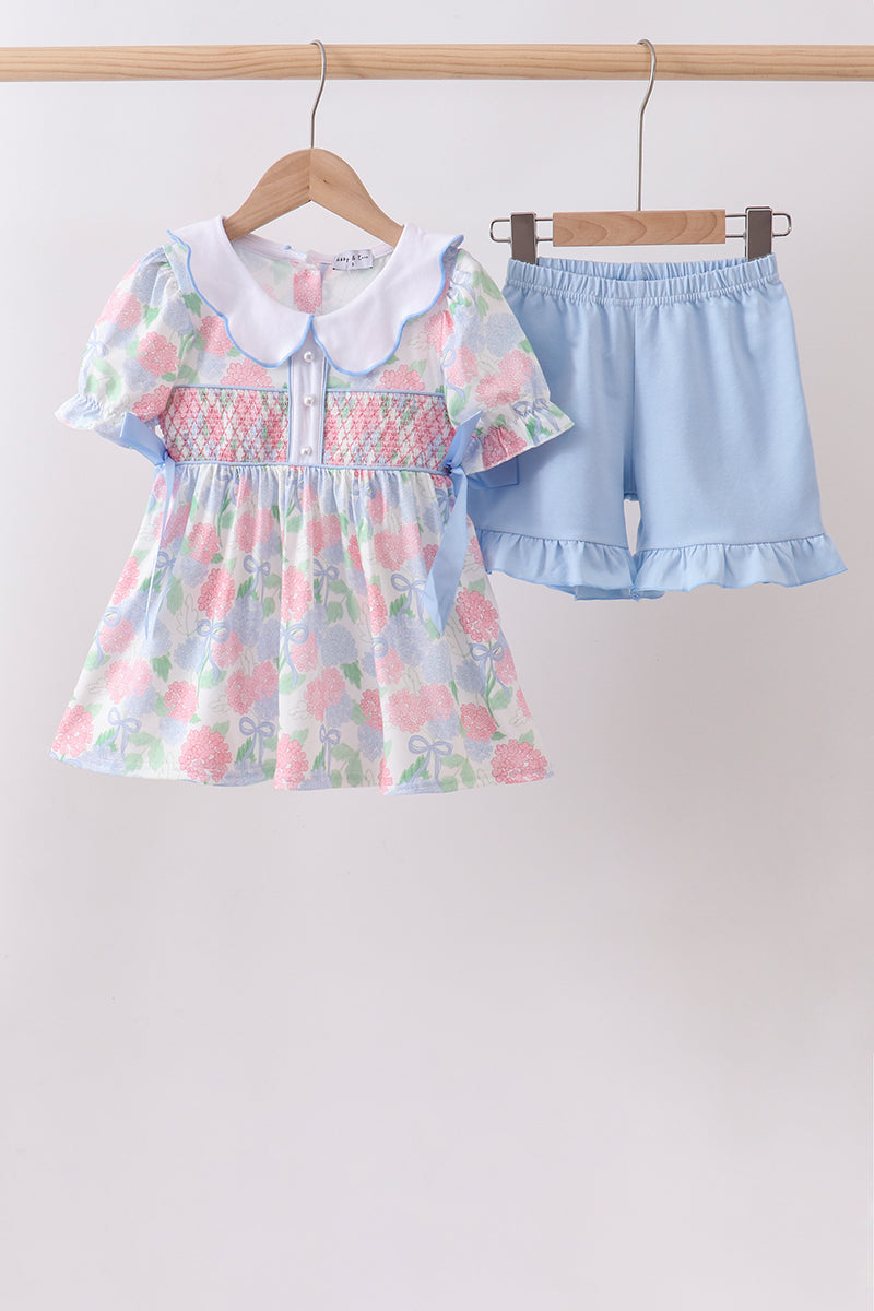 Blue Hydrangea Smocked Pearl Set - Aaria Tees
