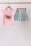Pink Bear Floral Applique Skorts Set Aaria Tees