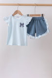 Blue Plaid Embroidered Bow Set Aaria Tees