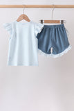 Blue Plaid Embroidered Bow Set Aaria Tees