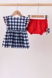 Navy Apple Smocked Gingham Bloomer Set Aaria Tees