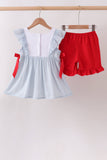 Blue Embroidered Swiss Dot Ruffle Set Aaria Tees