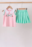 Pink apple bow embroidery skorts set Aaria Tees