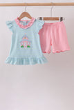 Blue Stripe Schoolhouse Appliqué Ruffle Set Aaria Tees