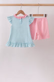 Blue Stripe Schoolhouse Appliqué Ruffle Set Aaria Tees