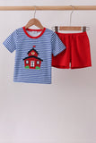 Blue Stripe Schoolhouse Appliqué Set Aaria Tees