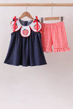 Navy Apple Applique Denim Ruffle Set Aaria Tees