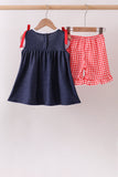 Navy Apple Applique Denim Ruffle Set Aaria Tees